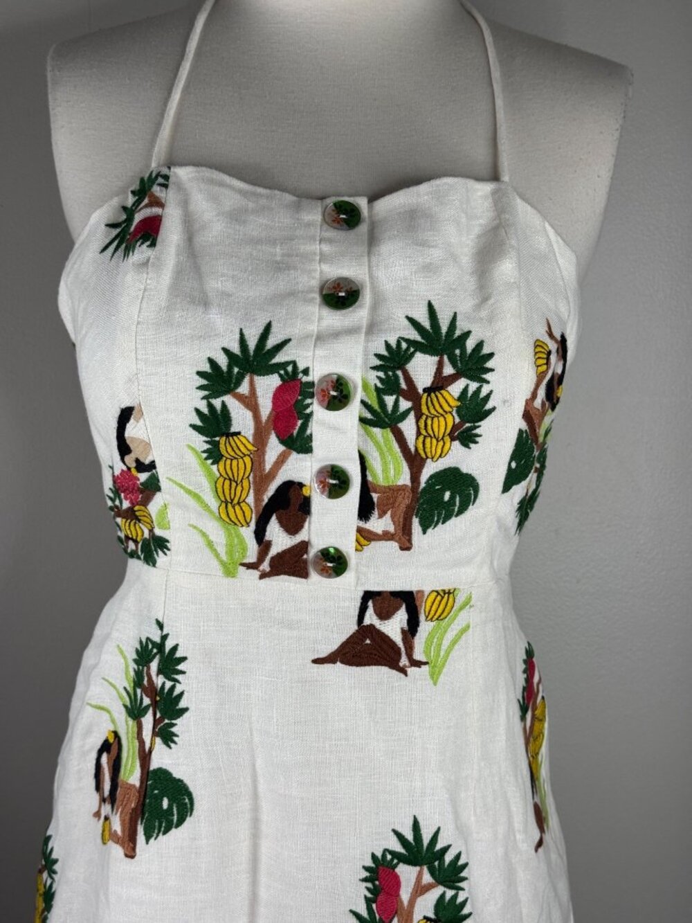 Farm Rio Bahia Girls Embroidered Tropical Midi Dress Size S NWT Linen Bananas - Picture 4 of 12